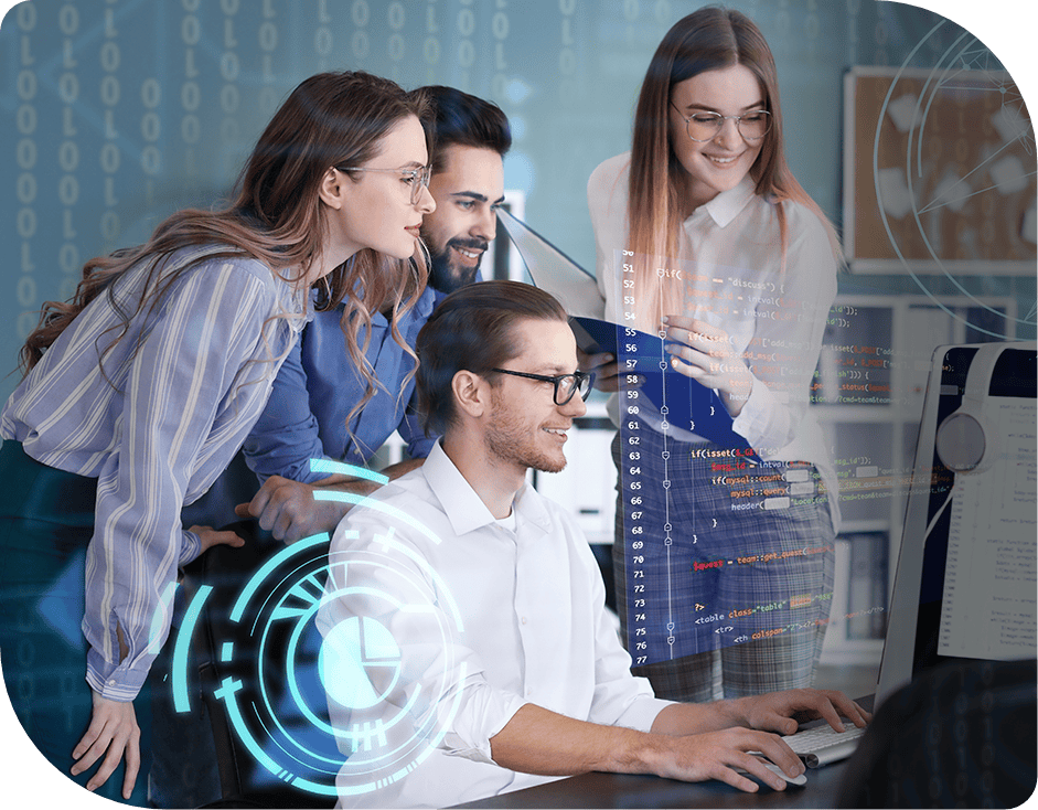 four smiling employees looking at a computer with 0s and 1s overlaid